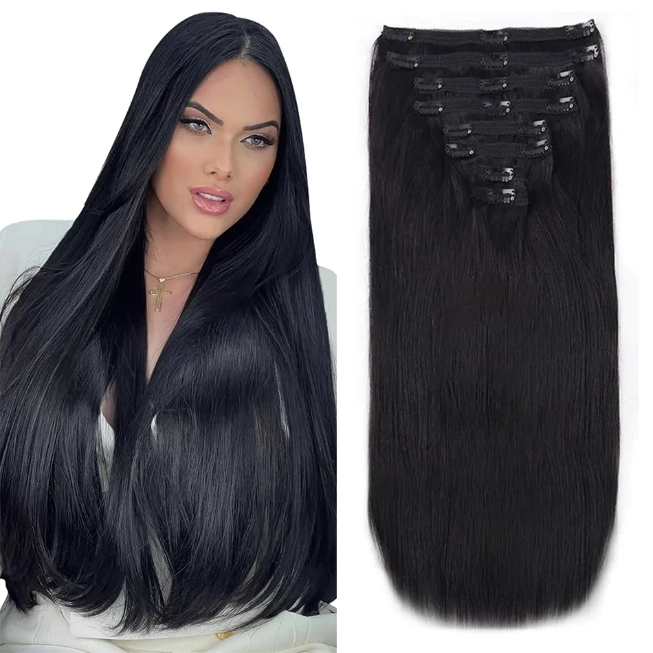 Clipe reto em extensões de cabelo para mulheres, cabelo virgem brasileiro com 18 clipes, 100% cabelo humano, cabelo natural, 120G, 8 unid, 10 a 26 pol