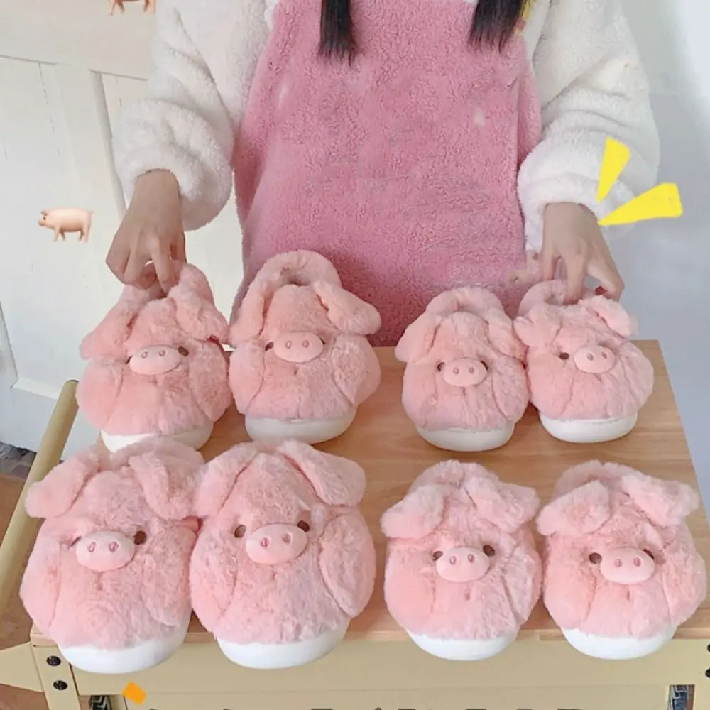 موضة Homewear خنزير نعال قماش الكرتون المضادة للانزلاق الشتاء نعال تدفئة رشاقته سميكة سوليد فروي أحذية قطنية هدايا