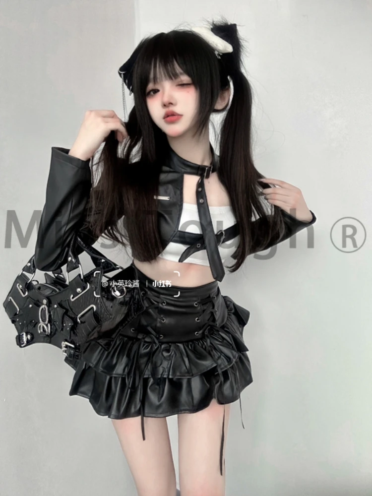 Winter Black Leather Three Piece Set Women Patchwork Vintage Cake Skirt Suit Female Casual Korean Fashion Desinger Y2k Set 2023