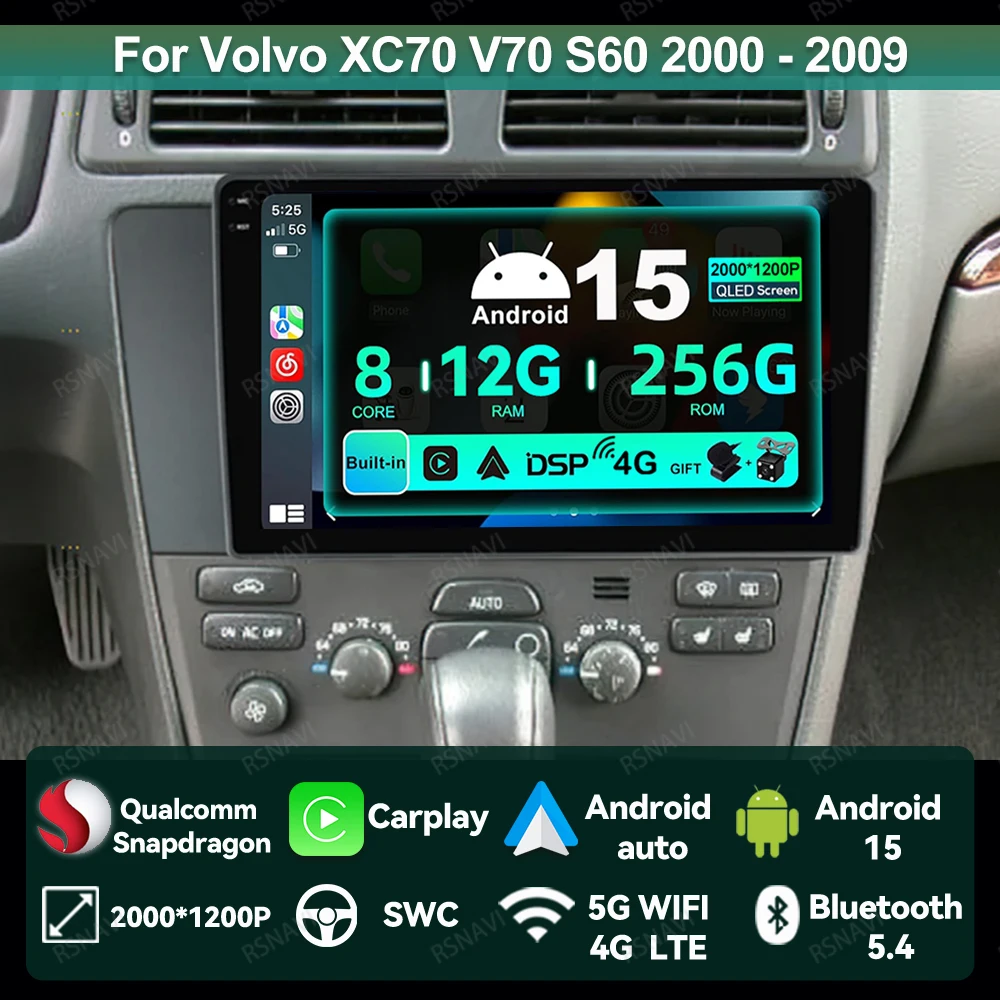 Car Radio Android 15 For Volvo XC70 V70 S60 2000 - 2009 BT Autoradio Stereo Wireless Carplay Auto GPS 4G LTE Qualcomm Head Unit