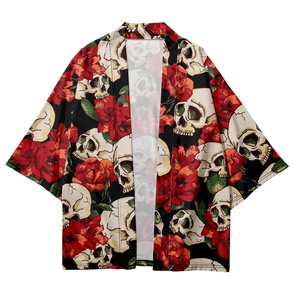 

Kimono Men's and Women 2024 Japanese Traditional Kimono Summer Rose Skull Pattern Cardigan Fashion Cosplay Beach Shirt Bathrobes