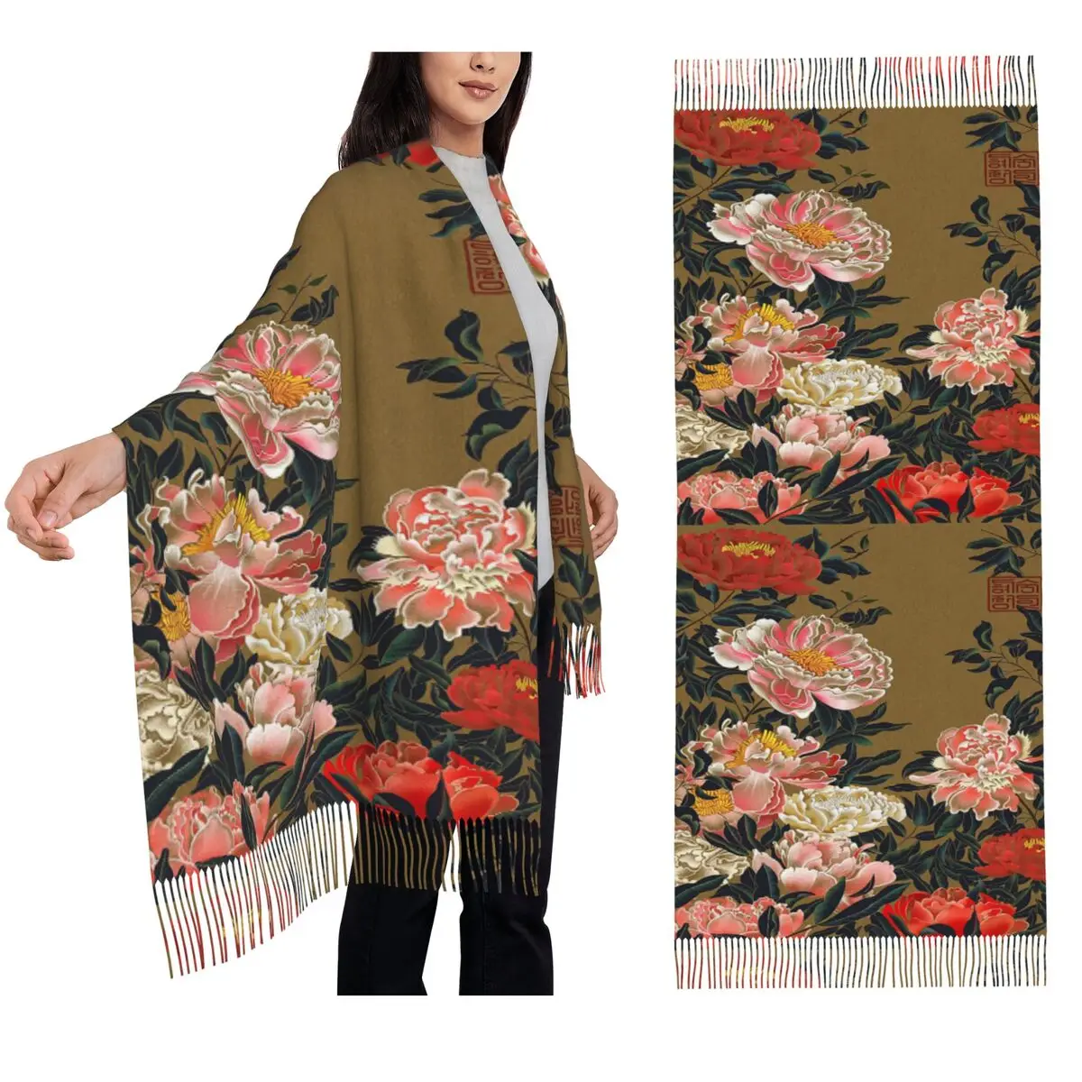 Bufanda de peonía china, bufandas con borlas para mujer, chales y chales suaves y cálidos, chal grande para Otoño e Invierno