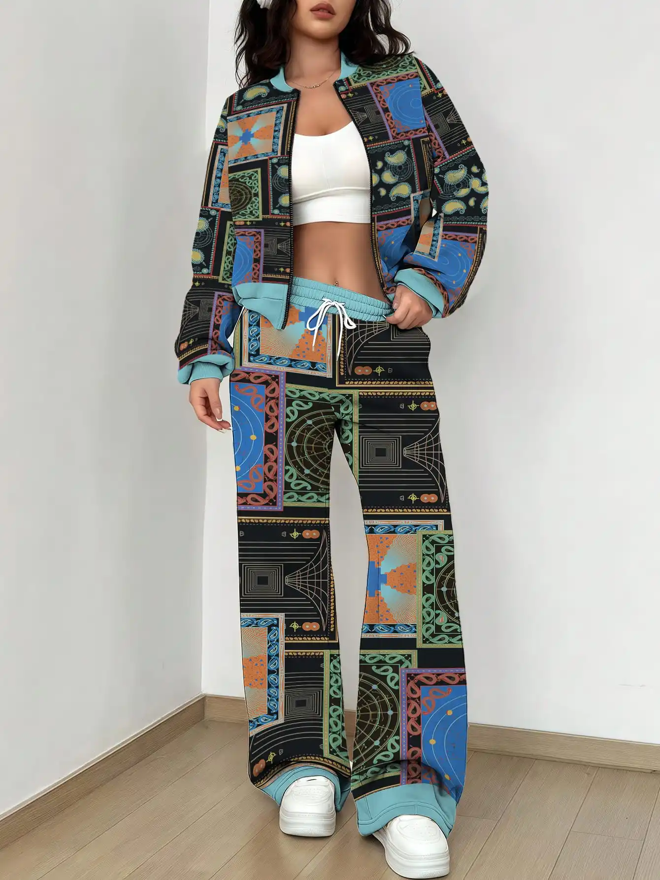 

2025 Autumn New Women's Flower Pattern Trendy Fashion Zipper Long Sleeve Tethered Pants Set