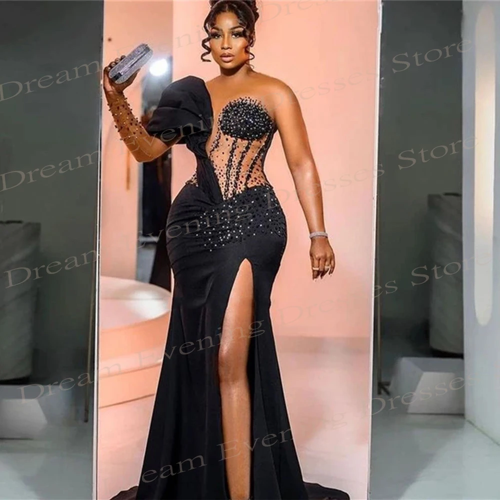 

Luxury Classic Black Mermaid Charming Evening Dresses One Shoulder Satin Prom Gowns With Beading Sexy Side Split Robes De Soirée