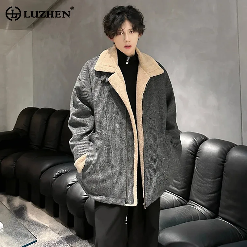 LUZHEN Fashion Elegant Lamb Wool Liner Warm Loose Casual Jacket Men's 2024 Winter High Quality Original Stand Neck Coat LZ8373