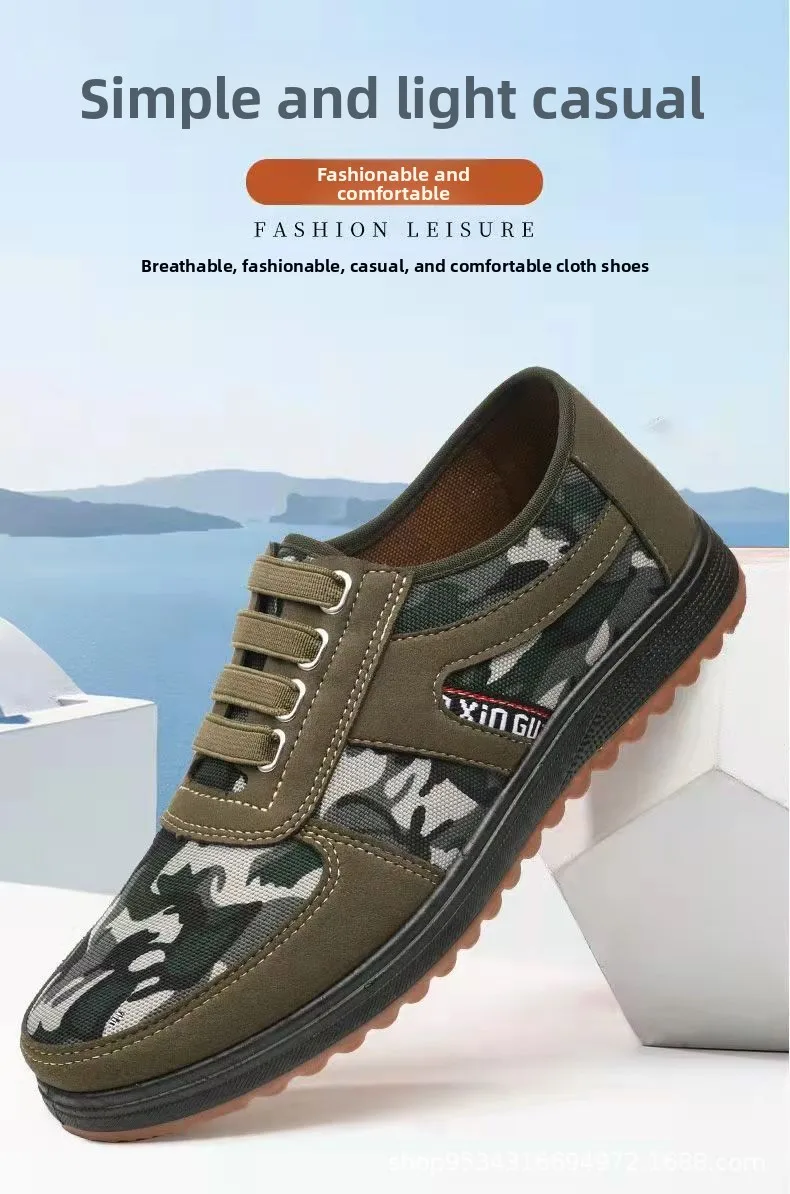 Herren-Slip-On-Freizeitschuhe aus Canvas mit Camouflage-Muster, atmungsaktive Low-Top-Walking-Sneaker mit elastischen Schnürsenkeln, bequeme Outdoor-Flachschuhe – Detail 2