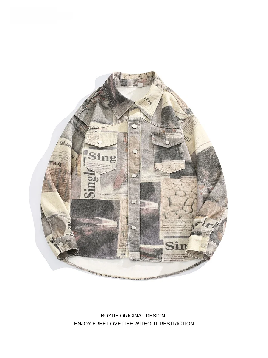 

Boyue американский ретро 3D цифровой газетный принт джинсовый джет мужской уникальный персональный модный уличный джинт верхняя одежда