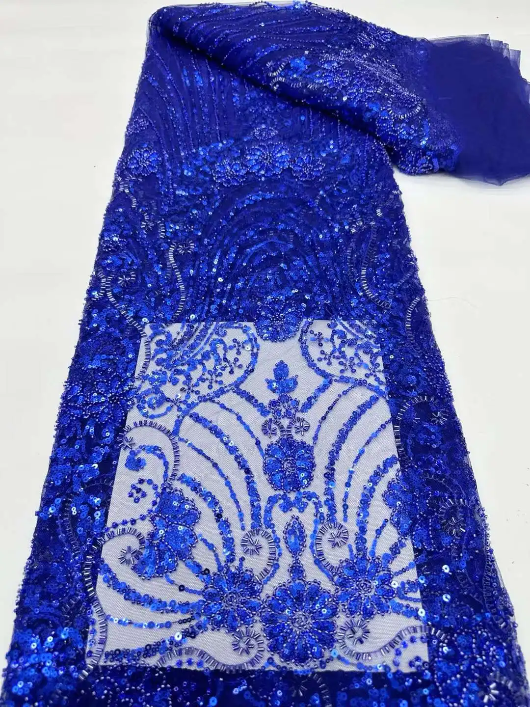 

Heavy Handmade Beaded Lace Fabric Sequence 2024 High Quality Luxury Beads Bridal Royalblue Mesh African Tulle Sequins