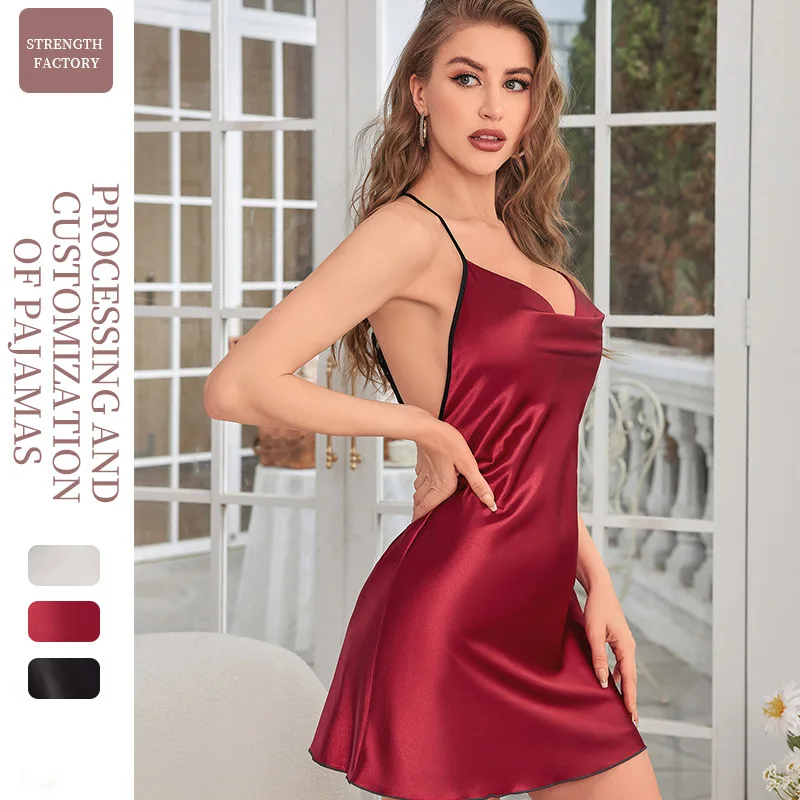 2026 Summer Women Dress Photo Booth Props Solid Color V Neck Backless Short Satin Silk Thin Casual Nightgown European Style