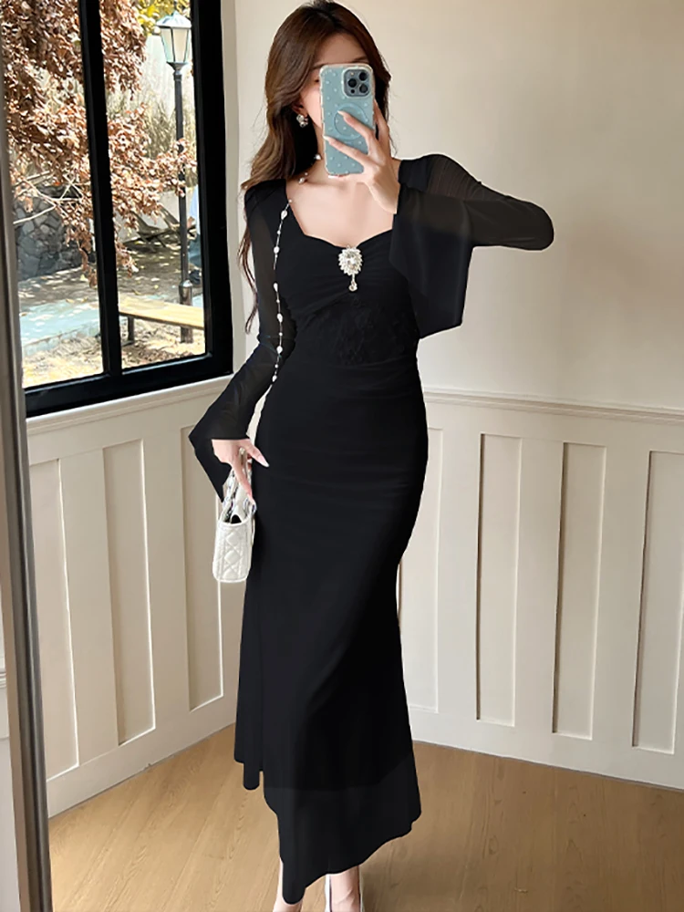 Women Korean Fashion Elegant Casual Home Dress Autumn Winte Mesh Patchwork Lace Dress 2025 New Diamonds Square Collar Prom Dress