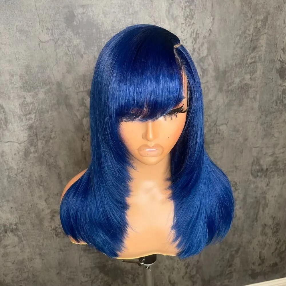 블루 가발 레이어드 컷 본 스트레이트 레이스 프론탈 가발 앞머리 포함 13x4 HD 레이스 가발 합성 고품질 내열성 데일리 착용