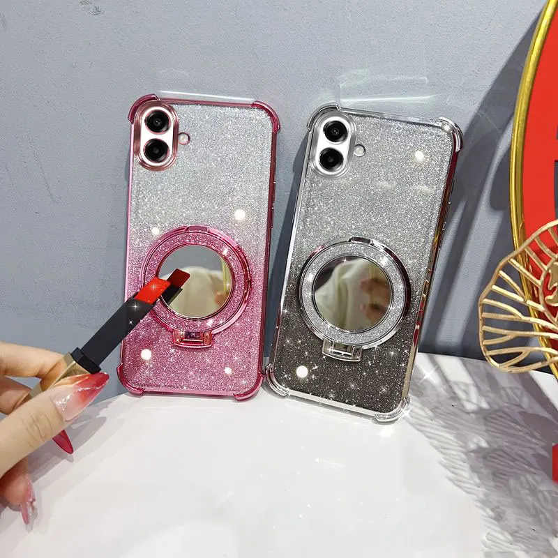 Funda de teléfono con purpurina de cuatro esquinas a prueba de golpes con soporte de espejo, correa con cuentas para Samsung Galaxy A07 4G Galaxy07 07, funda trasera