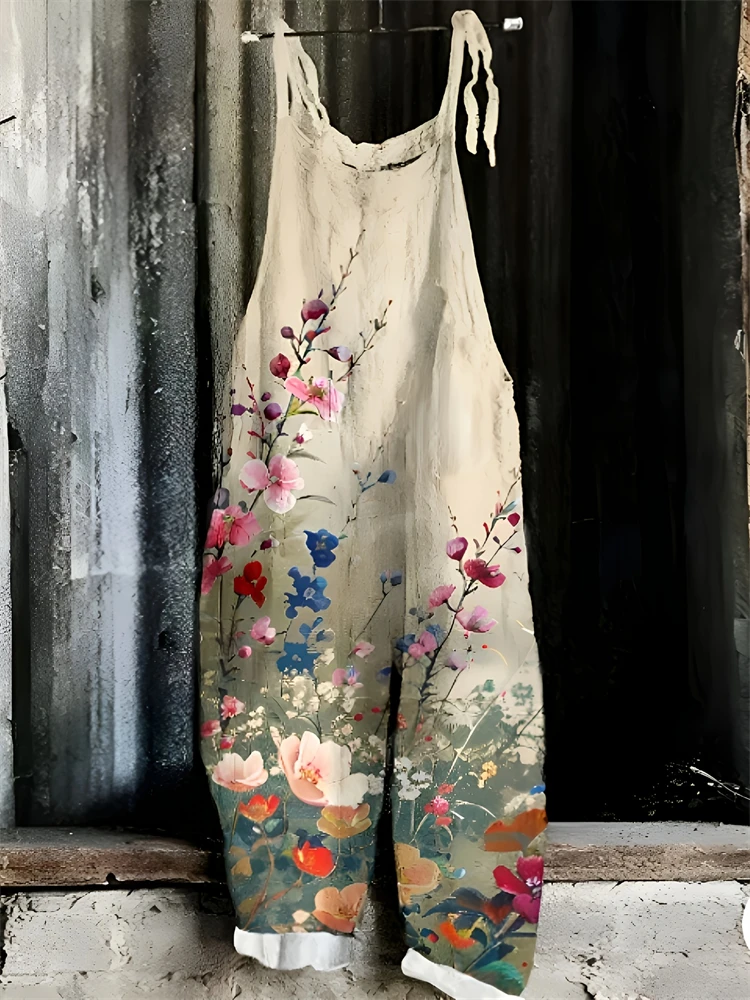 

New Women's Sling Bodysuit Pants Sleeveless Floral Printed Wide Leg Pants Casual Outdoor Loose Backless Comfortable Breathable