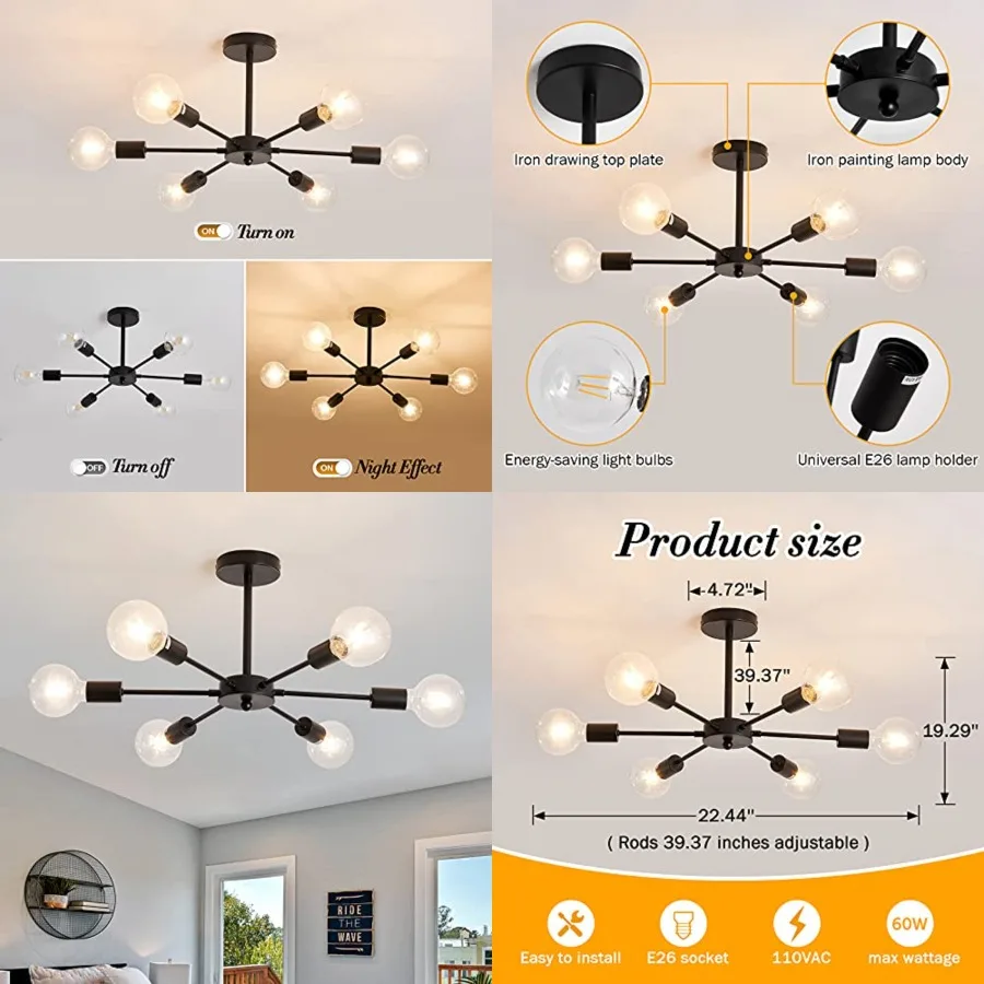 

Sputnik 6 Light Chandelier Black Mid Century Ceiling Light Fixture Modern Pendant Lighting for Kitchen Dining Room Living Room