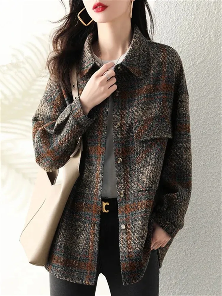 

Coat Female Spring Autumn Pop Plaid Lapel Single-breasted Loose Fashion Temperament Woolen Thin Shirt Jacket Women's Clothing