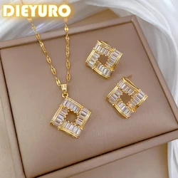 DIEYURO 316L Stainless Steel Steell Square Geometric Crystal Set Pendant Necklace Earrings Set For Women New Trend Jewelry Gift