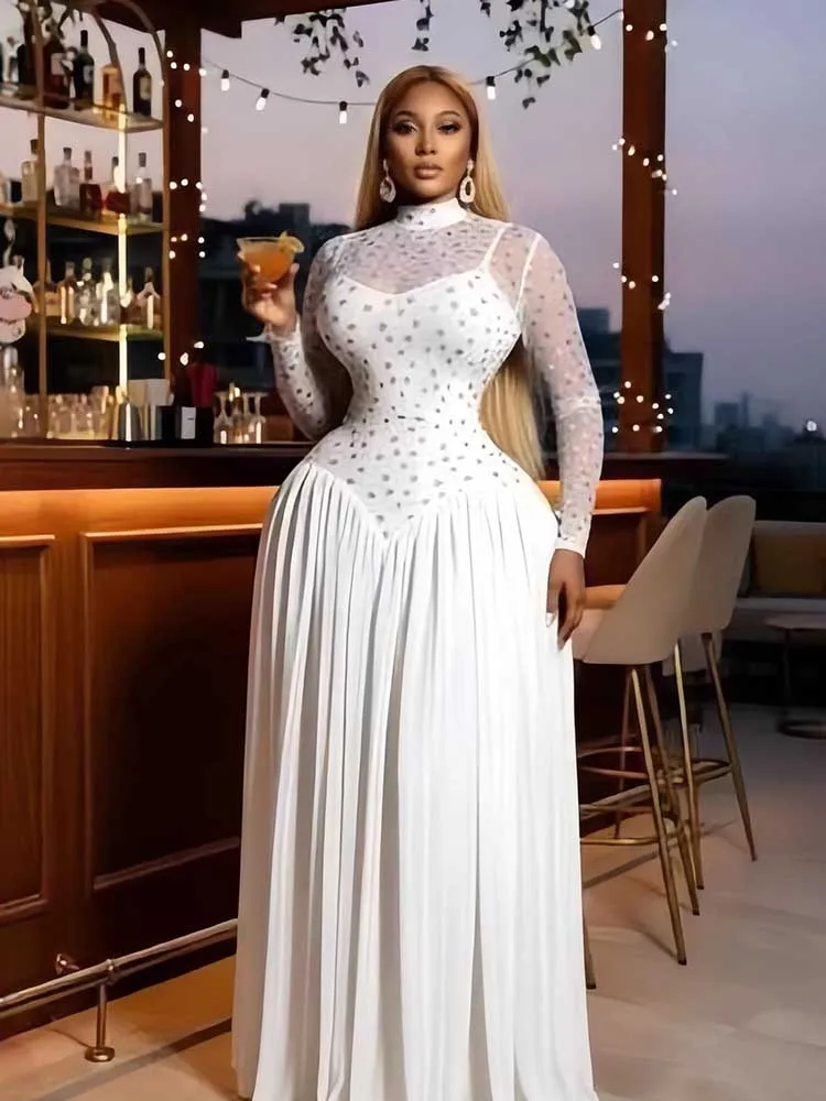 ‌ Damenkleid mit langen Ärmeln für den Frühling ‌   Hochgeschnittenes Dehnbares A-Linien-Kleid für Kurvige Damen Elegante Abendkleider mit Falten