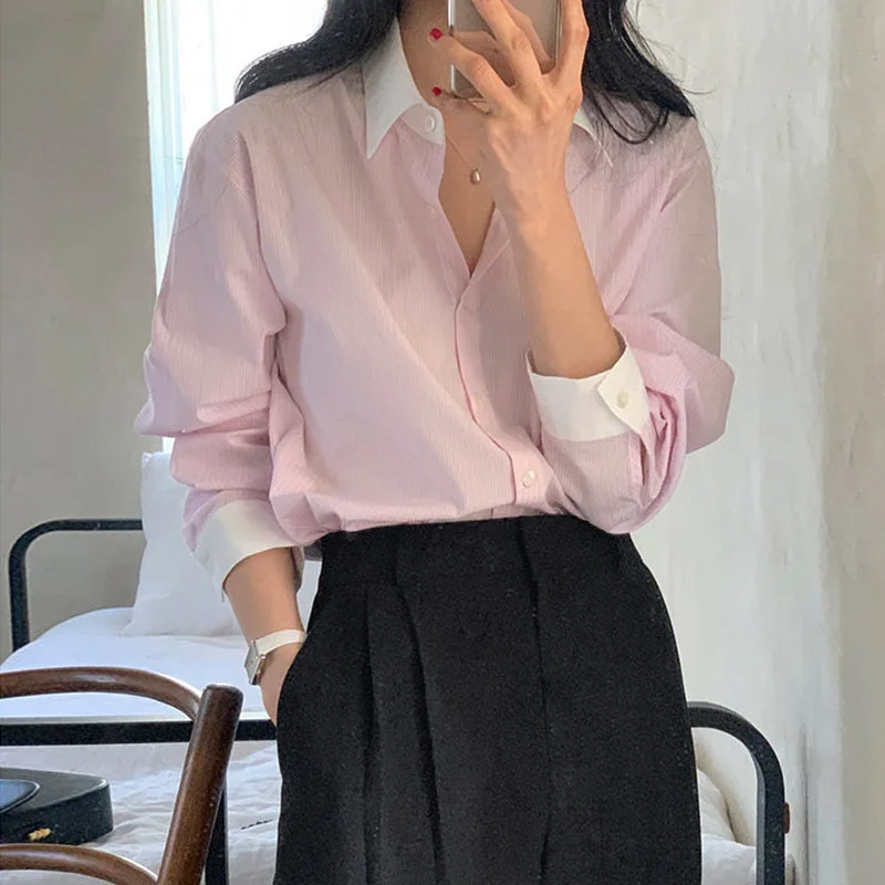 Striped Shirt Women Contrast Color Casual Blouse Female Lapel Long Sleeve Chic Shirts Ladies Fashion Loose Office Shirt Spring