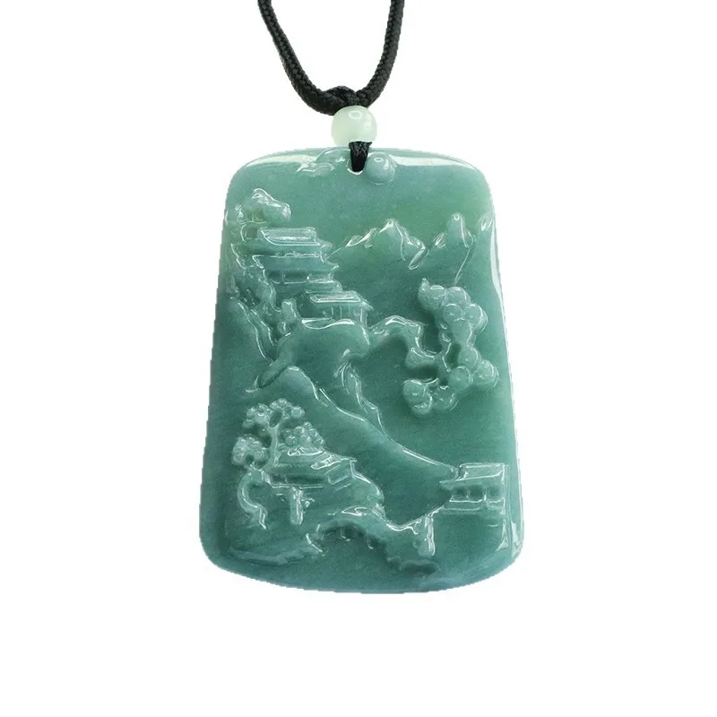 Natural A-grade Jadeite Landscape Brand Blue Water Jade Pendant Pendant Glutinous Carving Necklace Gift for Men and Women