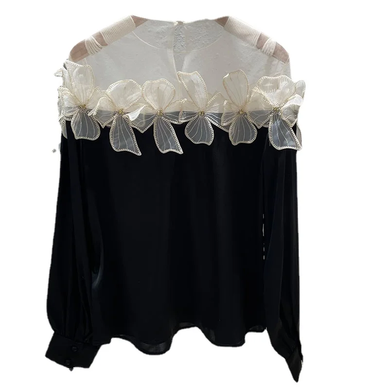 Spring Summer New Temperament Crew Neck Long Sleeve Chiffon Shirt Women Korean Style Loose Beaded Flower Mesh Patchwork Blouse