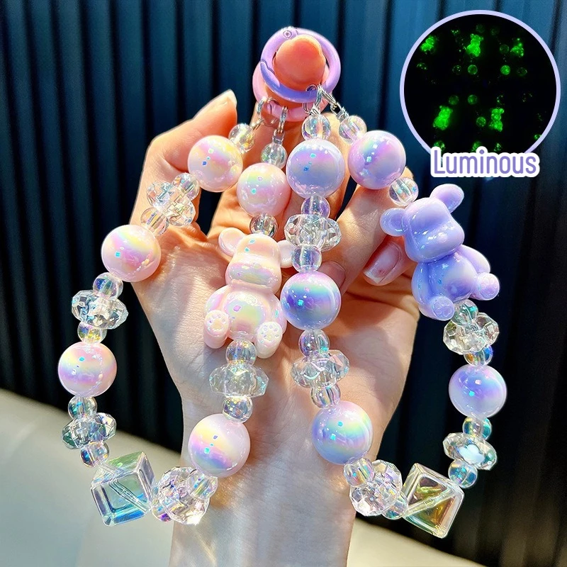 

New Luxury Colorful Acrylic Keychain Luminous Bear Beads W/Card Phone Chain Charms Bag Decoration Pendant Hanging Ornament Gift