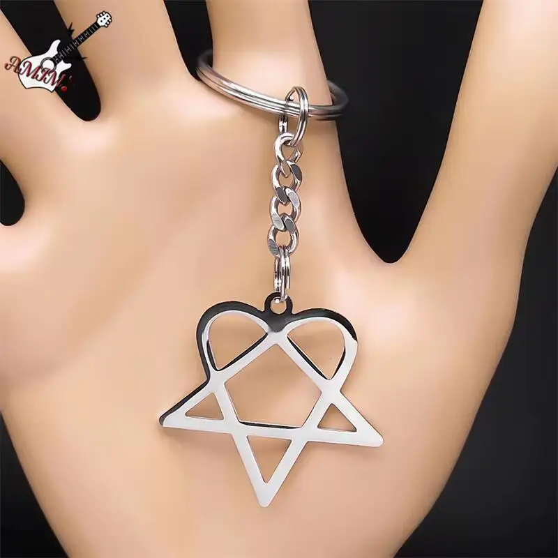 Rock Music Him Heartagram Star Heart Key Ring Stainless Steel Silver Color Men Women Bag Charm Keychain Party Gift Jewelry