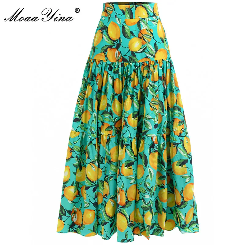 MoaaYina Fashion Runway Summer Vacation Cotton Skirts Suit Women Short Spaghetti Strap Top and lemon print Skirts 2 Pieces Set