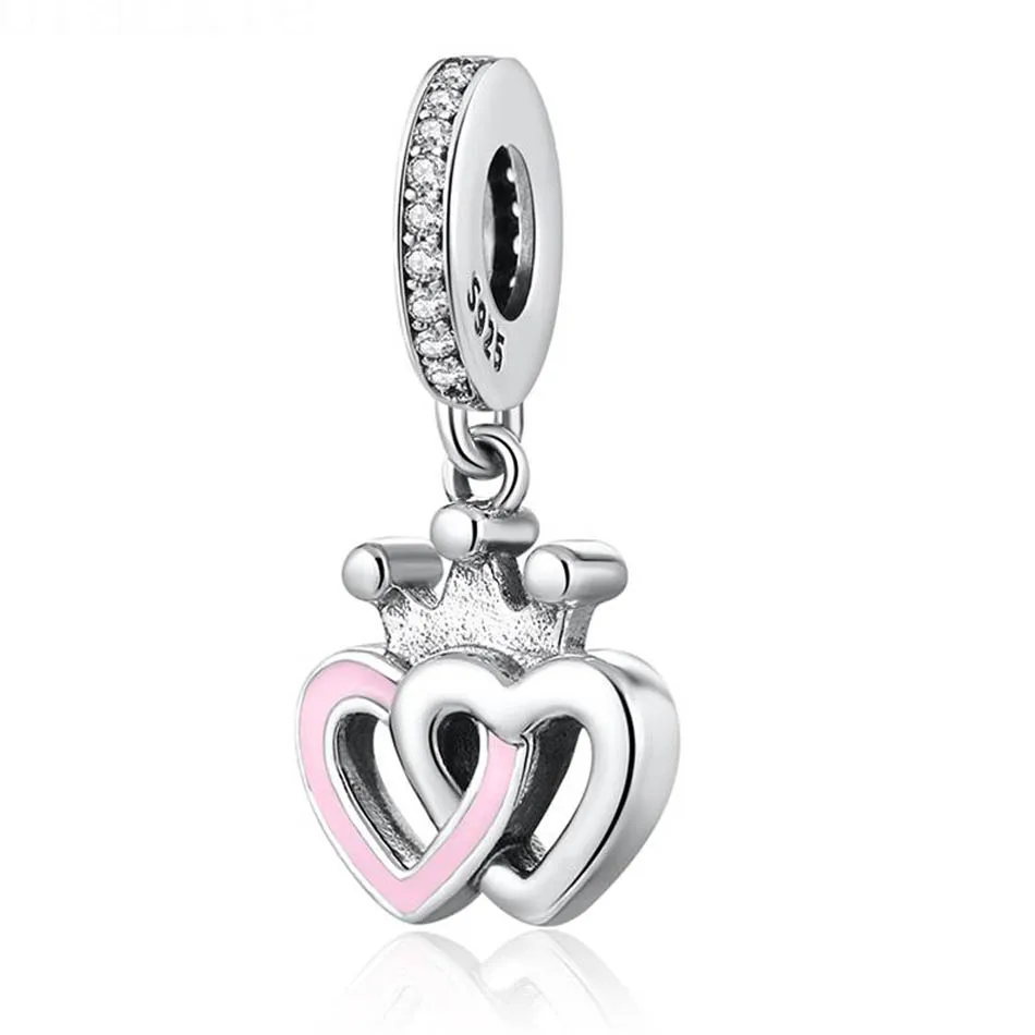 Crowned Heart Pink Enamel Crystal Pendant Bead Fit Lady Bracelets Silver Plated Dangle Charm DIY Jewelry