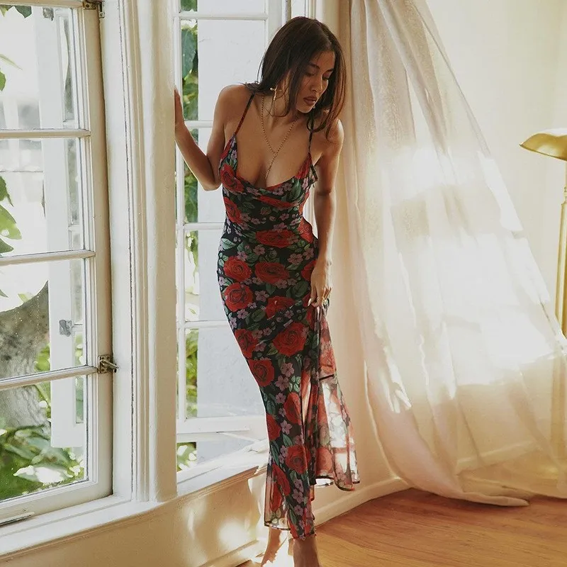 

Floral Print V-neck Long Dresses Sexy Fashion Elegant Rose Spaghetti Strap Slips Backless See Through Birthday Party Vestidos