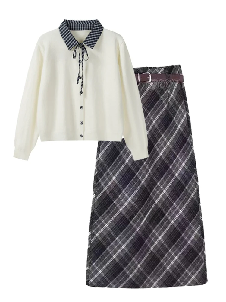 秋冬ルーズフィットチェック柄ニットセーターコート、襟付きパッチワークデザイン、プラスサイズレディースファッションカジュアルアウトフィットセット