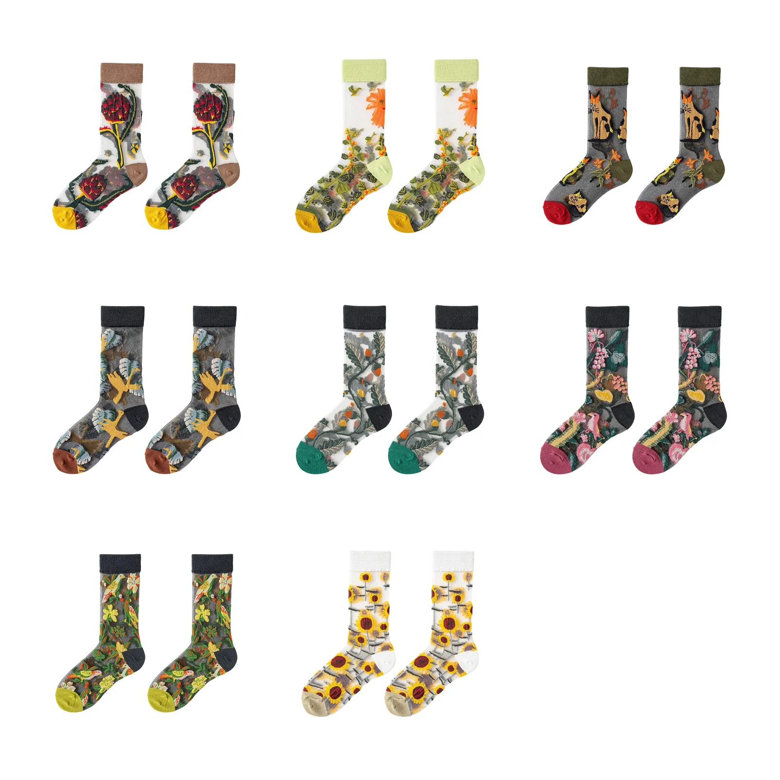 

Набор из 8 носков с лесными цветами: шишка/жаркое солнце/кошка/голубь/петуния/белка/цветок и птица/подсолнух