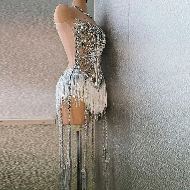 Singer Stage Costume Drag Queen Show Fringe Jumpsuit Gogo Dancer Outfit Female Sexy Tassel Silver Sequins Bodysuit