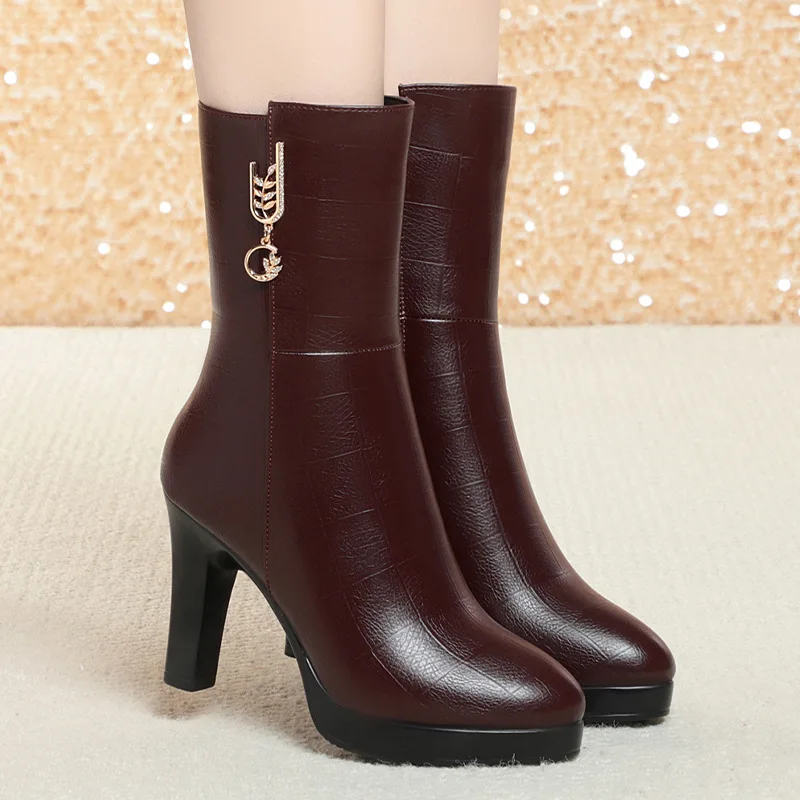 7.5 سنتيمتر 9 سنتيمتر كتلة أنيقة عالية الكعب الأحذية أحذية منصة شتاء 2026 المرأة الجلود الناعمة الدافئة الفراء منتصف العجل أفخم الأحذية مكتب #4