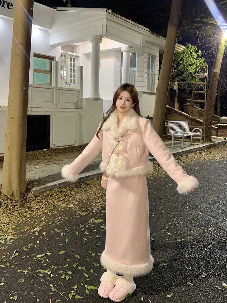 Korean Fashion Faux Fur 2 Piece Skirt Set Women 2023 Winter Elegant Chic Jacket Coats Skirts Sweet Casual Female Clothing Suits