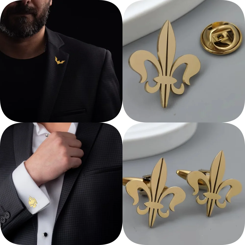 

Retro Baroque gold-plated badge, silver fleur-de-lis collar brooch, black lapel pin, nameplate suit accessories set, men's gift