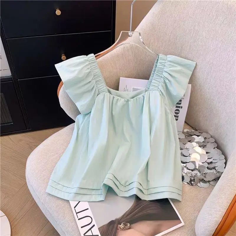 Green square collar flying sleeve shirt female 2024 summer Korean version of the niche short-sleeved shirt short loose top