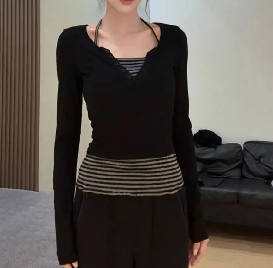 

New Design Fashion T-Shirts Women Square Collar Fake Two Pieces Striped Top Long Sleeve Slim Casual Tees American Retro