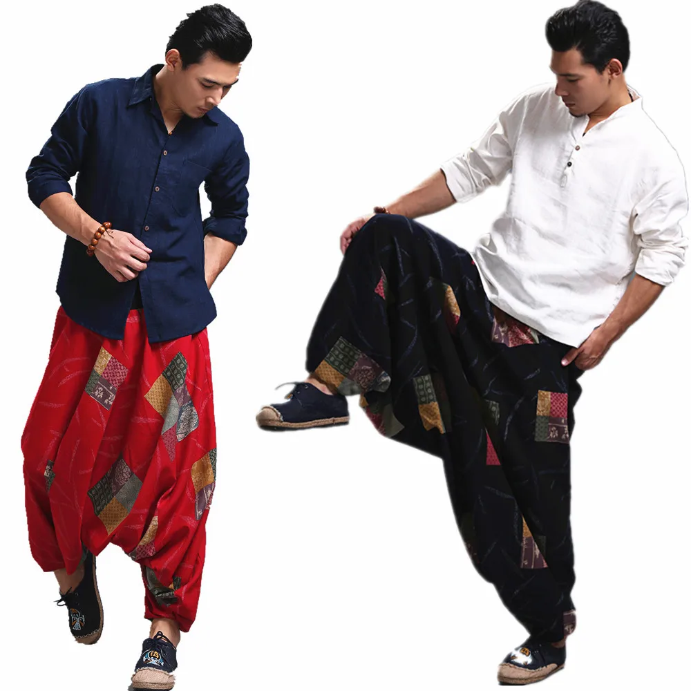 Men Harem Yoga Pants Nepal India Cotton Linen Yoga Trousers Wide Leg Hippie High Waist Loose Baggy Casual Leisure Sports Pant