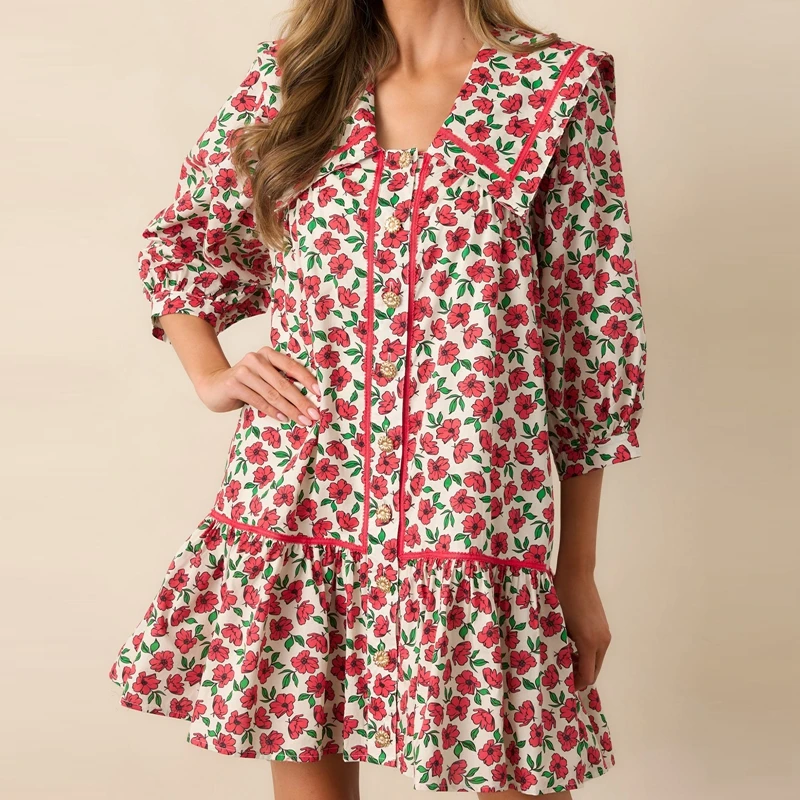 Abito corto da donna Boho floreale a trapezio Abito da babydoll fluido con maniche a sbuffo vintage Abiti a camicia smock Mini vestito estivo bohémien
