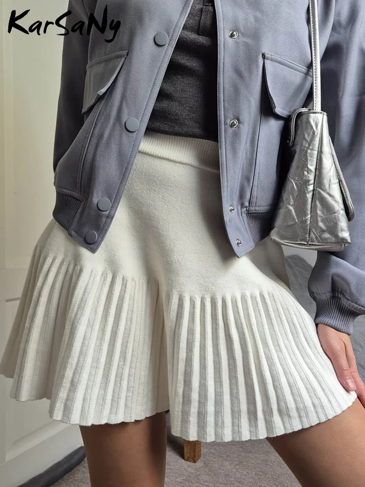 Knitted Pleated School Skirt Women Spring Winter Sexy A-line Women's Skirt Solid Casual High Waist Short Skirts For Woman Black