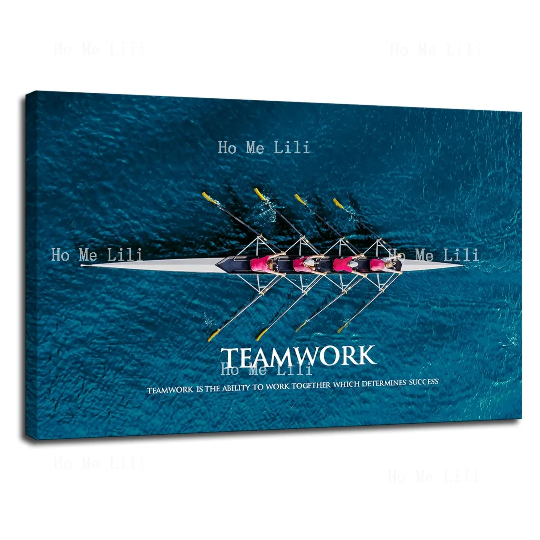 Inspirational Success Teamwork Canvas Wall Art Rowing Team On Blue Ocean Motivational Self Positive Office Picture