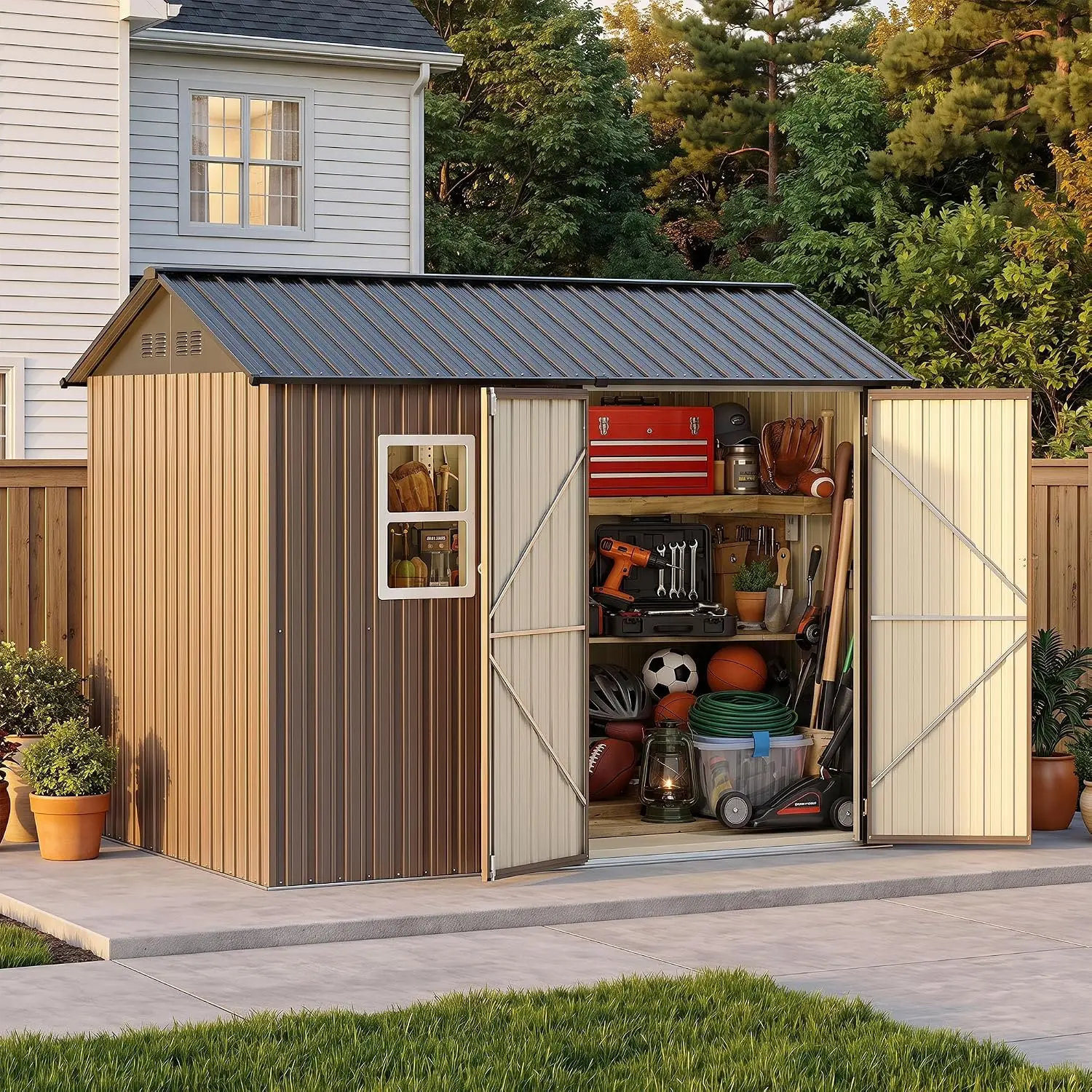 8 x 6 FT Outdoor Storage Shed with Window, Galvanized Steel Storage Shed, Double Lockable Doors, Gable Roof & Air, Customized