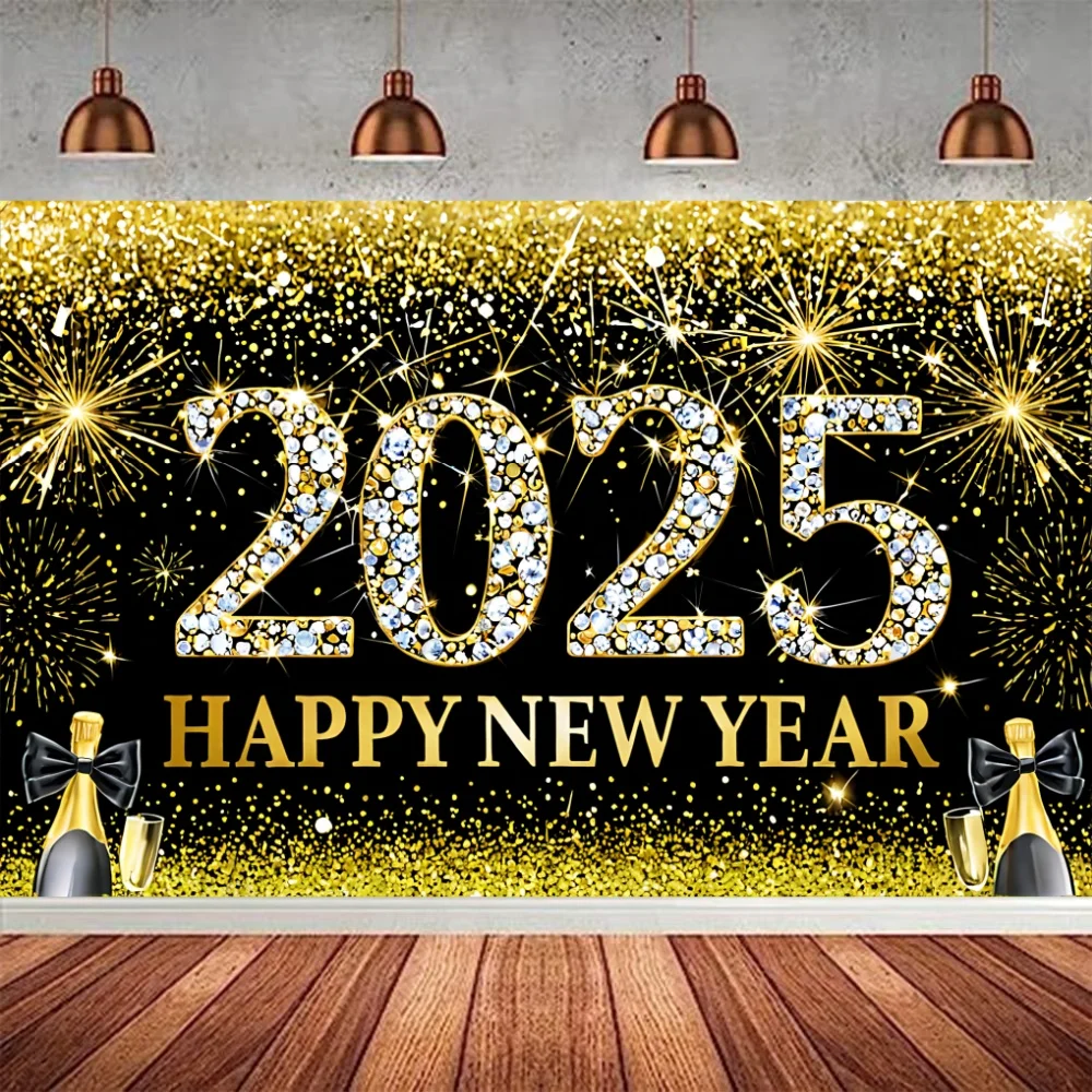 2025 Happy New Year Theme Party Background Banner Fireworks Golden Background Hanging Banner New Year Celebrate Home Party Decor