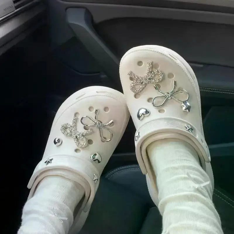 Elegant Rhinestore Bowknot Clogs Accessories Summer 2026 Woman's Luxury DIY Shoes Charms Set Y2K Metal Heart Shoes Decorations