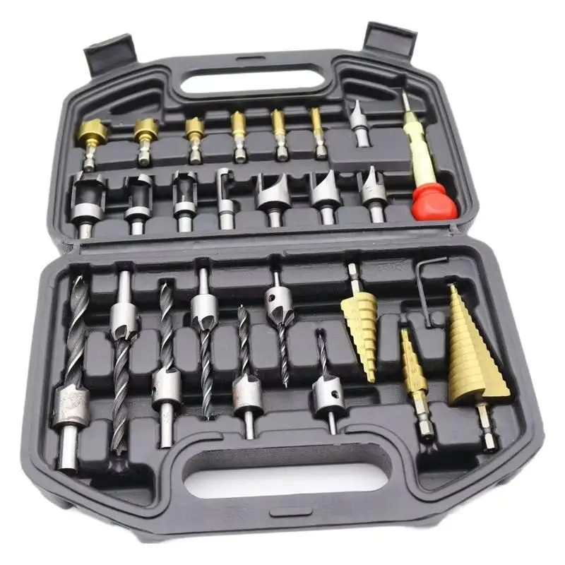 26Pc combination set, pagoda drill, center punch, woodworking three-pointed drill, five-blade chamferor, cork drill, drill tool.