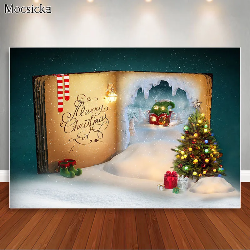 Fairy Magic Book Christmas Photoshoot Backdrop Children Kids Family Portrait Photo Props Studio Booth Background Snow Xmas Tree