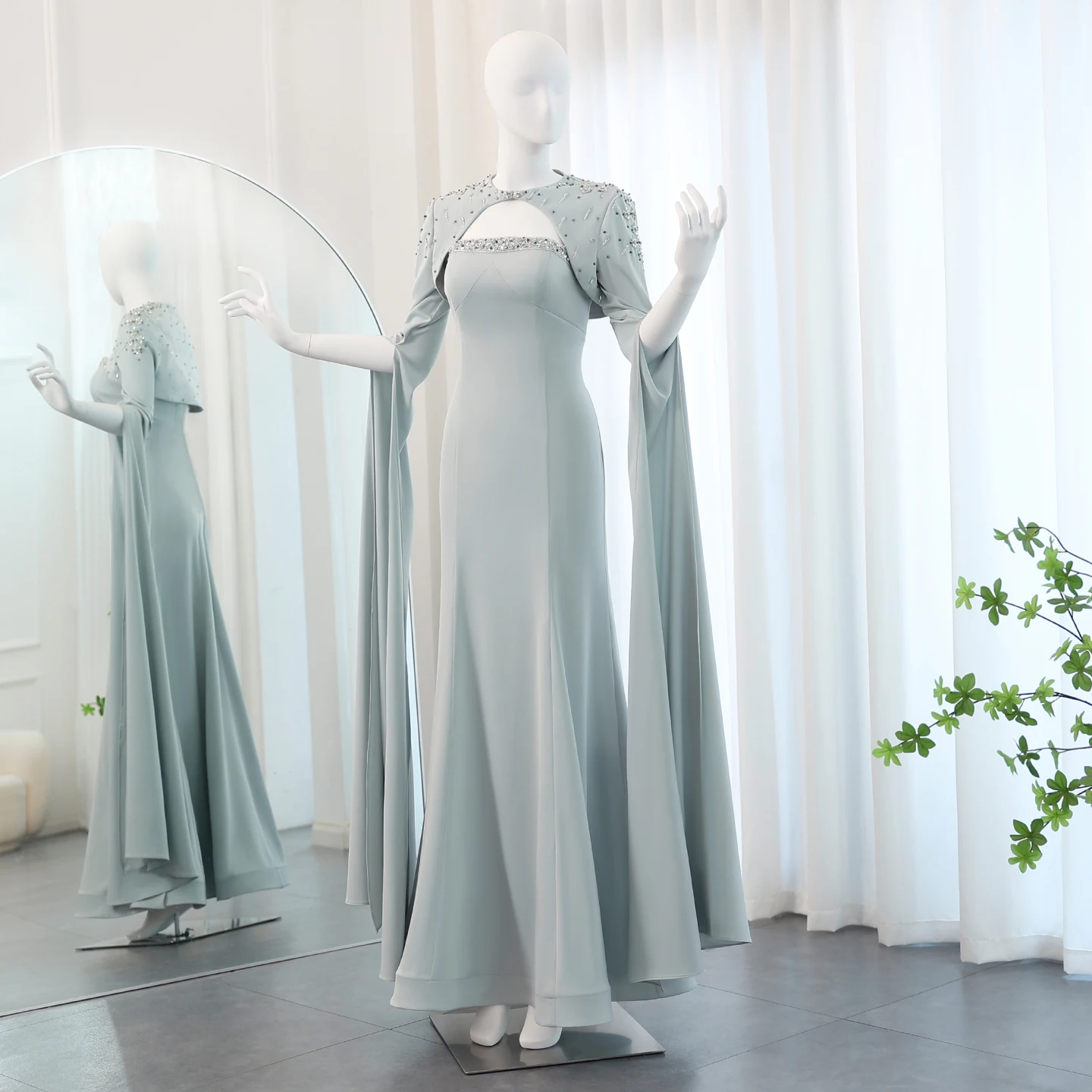 

Sharon Said Chic Sage Green Mermaid Arabic Evening Dress with Cape Sleeve Beaded Dubai Women Wedding Party Gown SS424 Customized