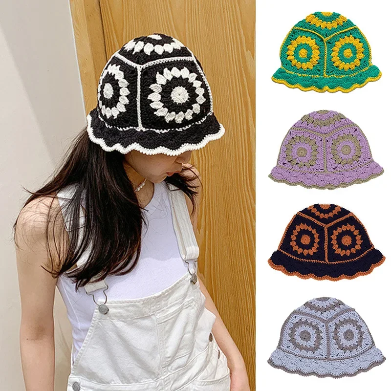 Korean Women Hollow Knitted Hat Handmade Crochet Basin Hat Spring Summer Sunscreen Sun Hat Female