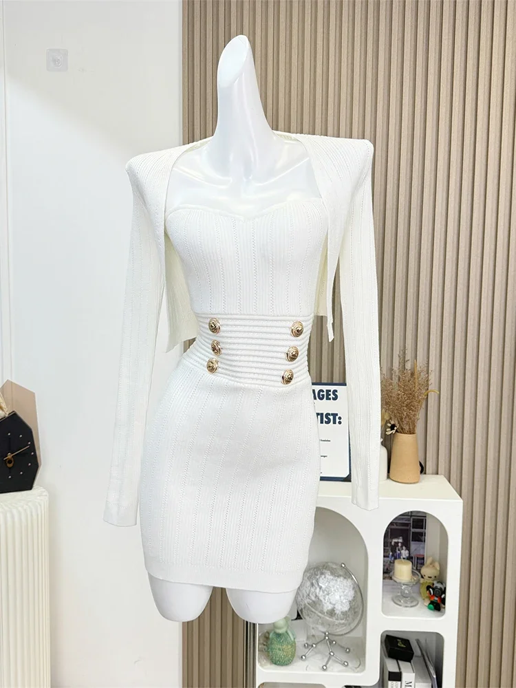 طقم بدلة نسائية مكونة من قطعتين سترة بأكمام طويلة وفستان فاخر عتيق Y2k أنيق للحفلات والنوادي أطقم ملابس