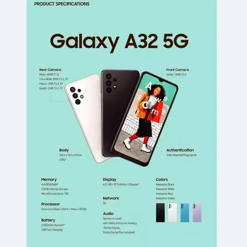 Samsung-Galaxy A32スマートフォン,5g,Android,オリジナル,中古,寸法720, 6.5インチ画面,48mpカメラ